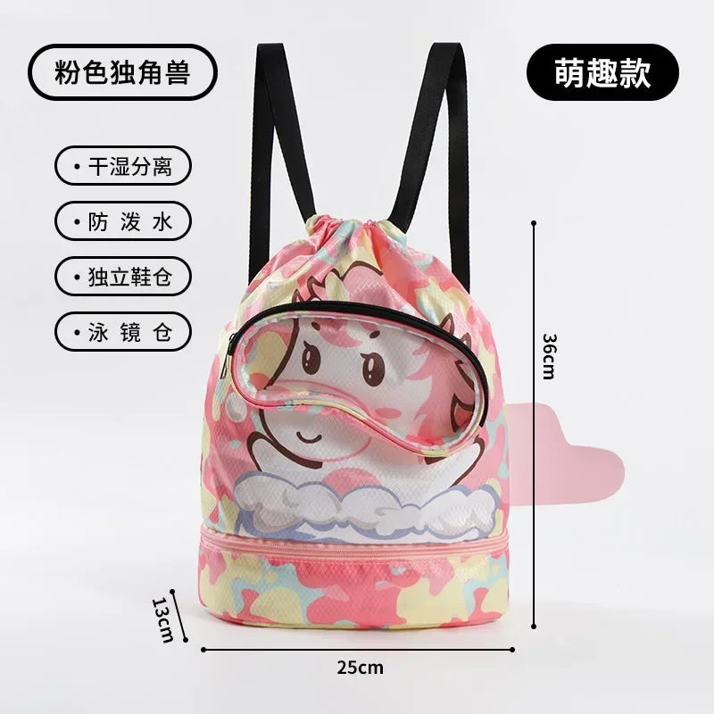 Childrens Cartoon Swimming Bag Waterproof for Kids Women Wet Dry Clothes with Shoes Goggles Storage Pouch Pool Sports Backpack