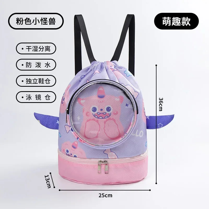 Childrens Cartoon Swimming Bag Waterproof for Kids Women Wet Dry Clothes with Shoes Goggles Storage Pouch Pool Sports Backpack